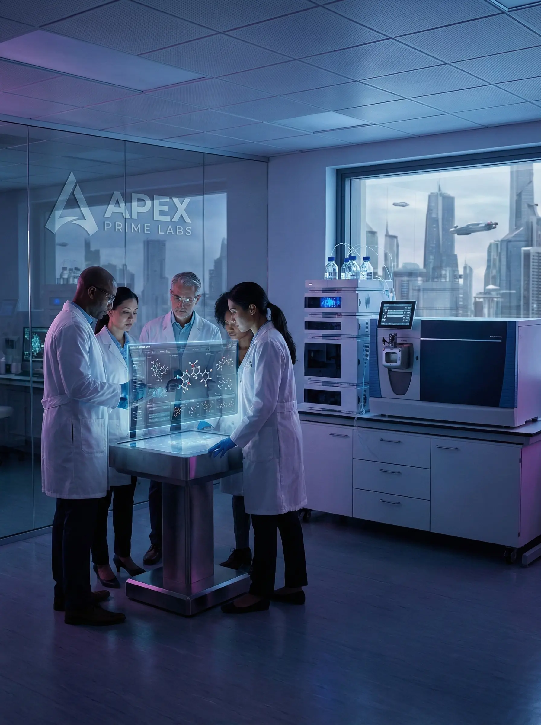 Apex Prime Labs research team collaborating on peptide analysis